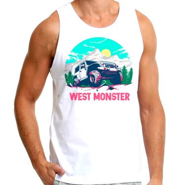 Imagem de Camiseta Regata Masculina Branca Carro Jeep Off Road Montanhas West Monster