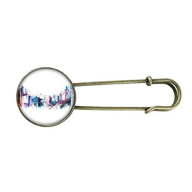 Imagem de Prédio moderno arranha-céus aquarela, retrô, broche de metal