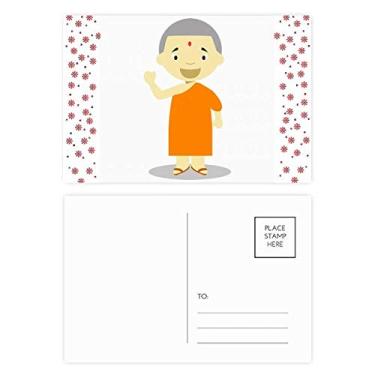 Imagem de Cartão postal de Natal com desenho de monge Nepal de vestido laranja para celebração de flores