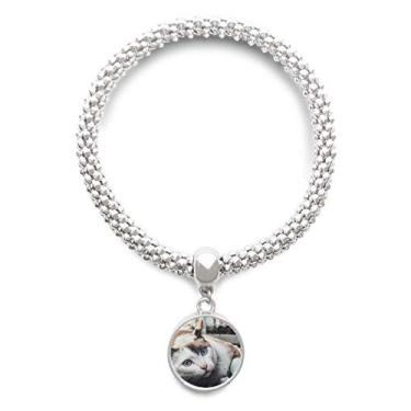 Imagem de DIYthinker Pulseira de prata com foto de gato colorida de animal com pingente de corrente ajustável