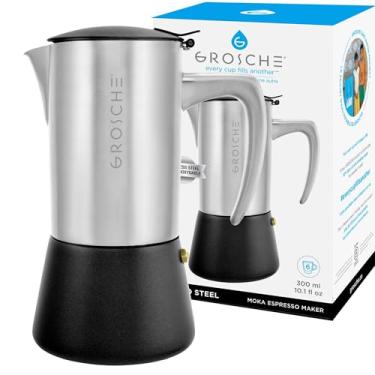 Imagem de GROSCHE Milano Moka Pot, Máquina de Espresso de fogão, Máquina de Café Greca, Cafeteira de Fogões e cafeteira para cafeteira de café, Brushed Steel, 6 cup