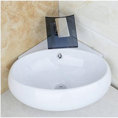 Imagem de Torneira de lavatório de cerâmica branca com suporte de parede para pia de banheiro e torneira GOWE em vidro preto cromado
