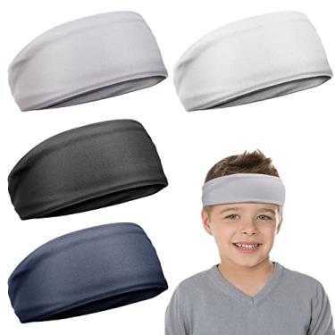 Imagem de 4 peças, bandanas esportivas para crianças, faixa de transpiração atlética, faixa de cabelo elástica absorvente para meninas e meninos, crianças pequenas (preto, cinza claro, azul marinho, branco)