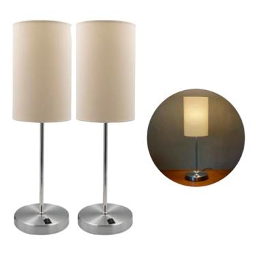 Imagem de kit 2 Abajur Luminária de Mesa Clássico Redondo Escovado Com Interruptor e Cúpula de Algodão Bege Decoração Iluminação Casa, Sala, Escritorio, Quarto