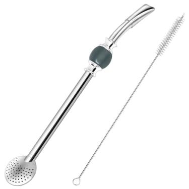 Imagem de Canudo reutilizável Bombilla Yerba Mate - Filtro de aço inoxidável removível estilo colher com uma linda conta - Canudo de metal para beber chá de folhas soltas - Inclui escova de limpeza (cinza