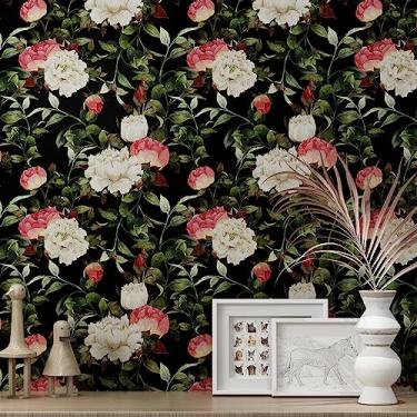Imagem de Wallink Papel de parede floral descasque e cole folhas papel de parede escuro vintage floral autoadesivo papel de parede bege peônia removível para parede de quarto, armários de cozinha decoração de