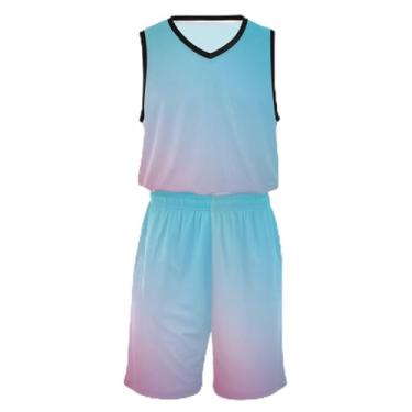 Imagem de CHIFIGNO Camiseta de basquete feminina verde maçã, tecido macio e confortável, camisa de futebol 5T-13T, Azul dégradé azul-petróleo rosa, P