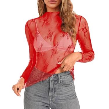 Imagem de Blusas femininas de malha de renda plus size de manga curta elegantes blusas de algodão de verão camisas largas túnica básica, Vermelho, P