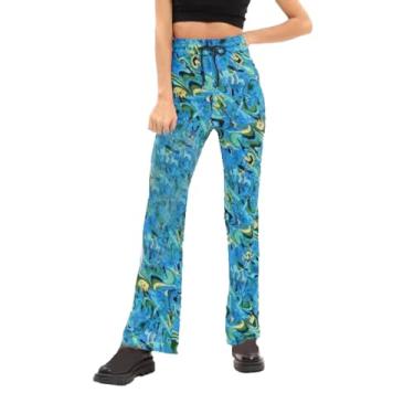 Imagem de Calça feminina flare curta, cintura alta, calça jeans de algodão de verão, calça social folgada, Azul, GG