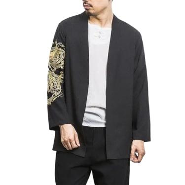 Imagem de Camisa masculina quimono de manga comprida masculina Dragon Crane Embroried Japanese Streetwear Camisa de linho para roupas masculinas, Camisetas Dragon Kimono, Medium