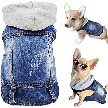 Imagem de Roupas para animais de estimação Jaqueta jeans para cães Casaco com capuz jeans azul legal, fantasia de camisa para roupas de cachorro, colete de lapela lavável vintage para cães, camiseta c