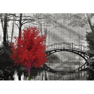 Imagem de Scarlet Solitude Classic Puzzles for Adults 1000 Pieces, Black and White Bridge and Red Tree Jigsaw Puzzles, Wall Art Puzzles for Adults Decor