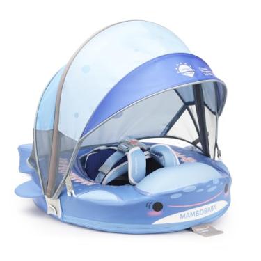 Imagem de Boia de natação para bebês Mambobaby com dossel e cauda, não inflável, sólido, macio, impermeável, material amigo da pele, para bebês de 3 a 24 meses (tubarão)