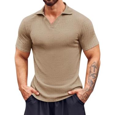 Imagem de Runcati Camiseta polo masculina gola V stretch manga curta golfe slim fit, Caqui, G