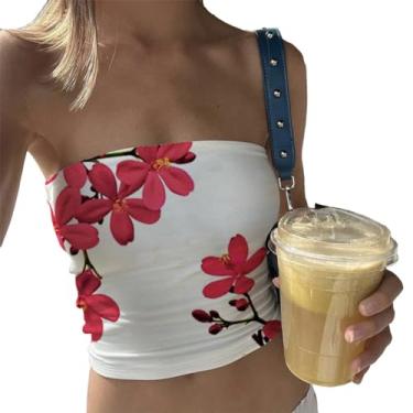 Imagem de Camiseta feminina Y2k sem alças para o verão, sem alças, bandeau, justa, streetwear, Vermelho coral, G