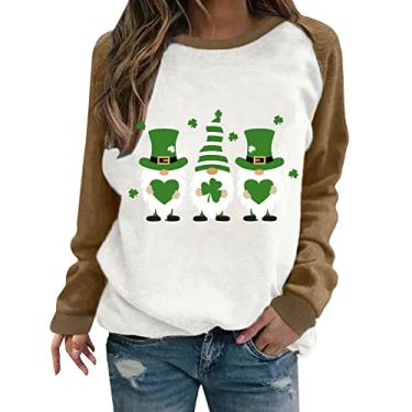 Imagem de Camiseta feminina de manga comprida com estampa de trevo da sorte irlandesa verde e manga raglã casual, Marrom, M
