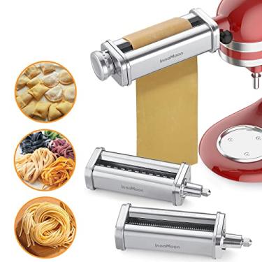 Imagem de InnoMoon Acessório de massa para batedeira KitchenAid, conjunto de rolo e cortador de massa de 3 peças incluído rolo de folha de macarrão, cortador de espaguete e fettuccine, aço inoxidável para