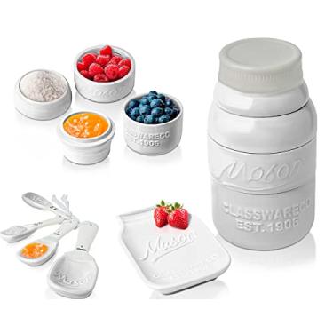 Imagem de Comfify Conjunto de utensílios de cozinha vintage Mason Jar - Conjunto de decoração de cerâmica de cozinha com 4 copos medidores, 4 colheres de medição, descanso de colher e estilo vintage atraente
