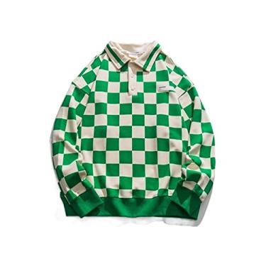 Imagem de Polos de desempenho masculino algodão listrado gola xadrez impresso manga longa camisa de malha manga curta secagem rápida colarinho fino ajuste ao ar livre (Color : Green, Size : XL)
