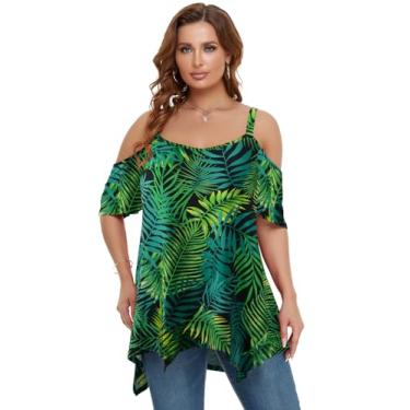 Imagem de LARACE Tops de ombro vazado para mulheres, roupas de verão, túnica com alças finas, camisetas grandes assimétricas, blusa plus size, A - verde 42, 2X