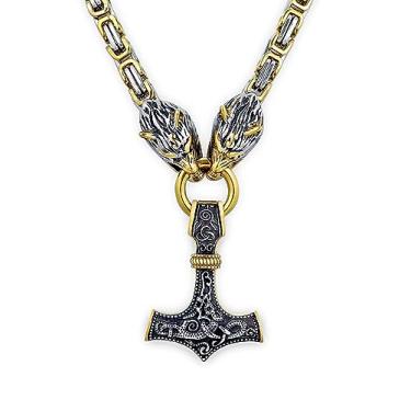Imagem de HAQUIL Colar Viking para Homens, Pingente Mjolnir de Aço Inoxidável Banhado a Ouro, Corrente de Rei Cabeça de Lobo, Presente de Joias Viking para Homens