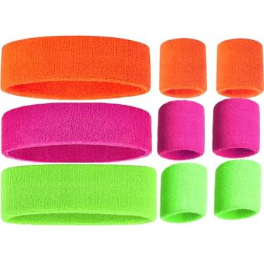 Imagem de Faixas de suor dos anos 80, faixa de cabeça e pulseiras neon, faixas de suor 80 cores neon, festa dos anos 80, faixas de suor para mulheres, conjunto de faixas de suor coloridas, faixas de suor neon