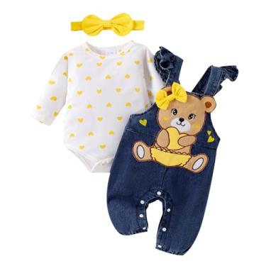 Imagem de TOKIAGO Roupas para bebês meninas, outono, inverno, fofo, amor, macacão com desenho de urso, calça jeans e faixa de cabeça, conjunto de 0 a 18 meses, Amarelo, 0-3 Meses