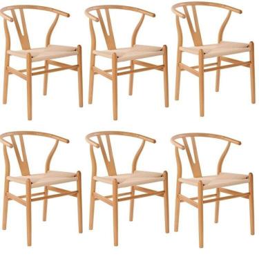Imagem de Kit com 6 Cadeiras para Sala de Jantar Wishbone Madeira Maciça Madeira Clara