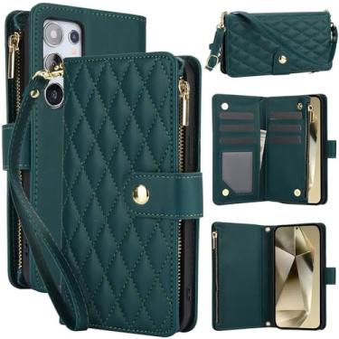 Imagem de Capa de celular com alça de pulso e carteira de couro com zíper crossbody para Samsung S24 Plus S23 S22 Ultra S21 A55 A54 A53 A52 A51 A50 S20, verde escuro, para Galaxy S24