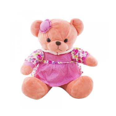Imagem de Ursa Cor Salmão Sentada De Vestido Florido E Chapeuzinho 30cm - Pelúci