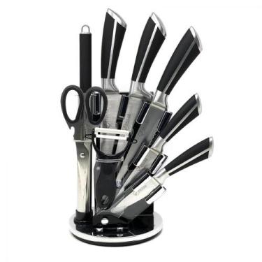 Imagem de Jogo 5 Facas Suporte Acrílico 9 peças Faqueiro Cutelo Afiador Tesoura 