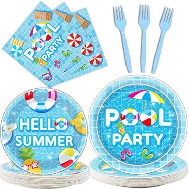 Imagem de Conjunto de 96 peças de utensílios de mesa para festa na piscina para decoração de mesa de verão na praia, suprimentos para decoração de mesa de praia, aniversário, pratos de sobremesa, guardanapos de festa na piscina de verão, garfos para 24 convidados, lembrancinhas de festa de aniversário na pisc