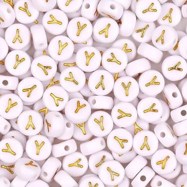 Imagem de Auvoua 300 peças contas de letra Y 4 x 7 mm contas de alfabeto de ouro acrílico forma redonda contas soltas para nome pulseiras colares chaveiros faça você mesmo joias (Y)