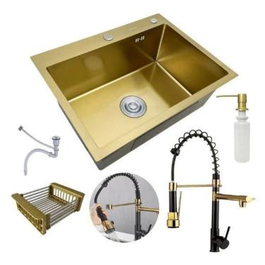 Imagem de Kit Cuba Pia Aço Inox Cozinha E Torneira Flexivel Dourada