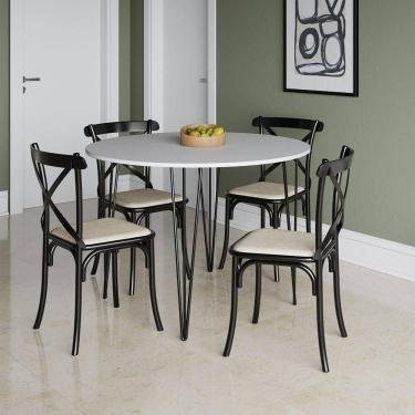 Imagem de Mesa Com 4 Cadeiras Katrina Preta Elen Hairpin 110cm Jantar Branca Com Ferro Preto