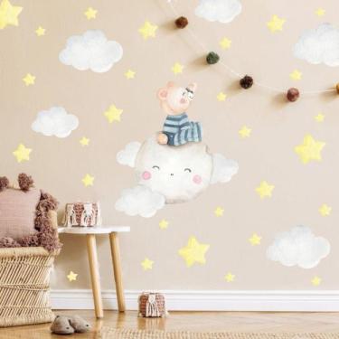 Imagem de adesivo de parede ursinho na lua com pijama e estrelas - Adesivos Kigr