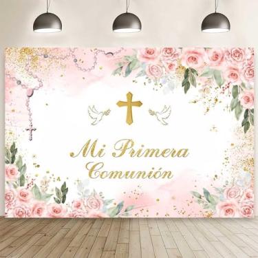 Imagem de MEHOFOND 2,1 x 1,5 m Mi Primera Comunión pano de fundo rosa pastel Mi Bautizo fundo fotográfico contas florais primeira comunhão decorações de festa cruz pombo Deus abençoe festa banner bolo