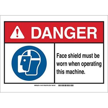 Imagem de Brady 144133 Placa de alumínio "Danger Face Shield Must be Worn When Operating This Machine", 25,4 cm A x 35,5 cm L, azul/preto/vermelho/branco
