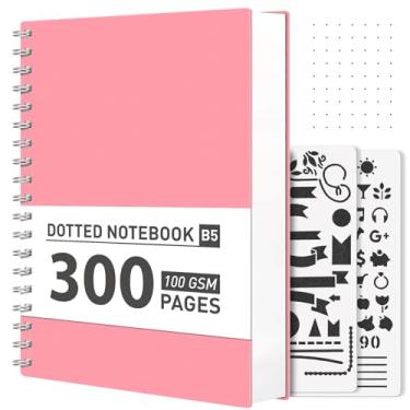 Imagem de AHGXG Caderno espiral com pontilhado bullet – Caderno de grade de pontos de 300 páginas B5 Diário grosso, papel pontilhado grosso de 100 g/m², capa dura de plástico, com estêncil de diário, 19 x 25 cm - rosa