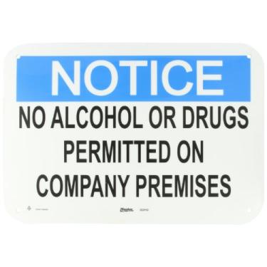 Imagem de Master Lock S22152 50,8 cm largura x 35,5 cm altura polipropileno, azul e preto sobre branco sinal de segurança, cabeçalho "Aviso", legenda "Sem álcool ou drogas permitidos nas instalações da empresa"
