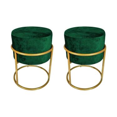 Imagem de Kit 2 Puffs Decorativos Redondo Base De Ferro Dourada Tecido Veludo Verde
