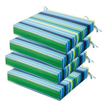 Imagem de HOMELYSIAN Conjunto de 4 almofadas de cadeira de jardim resistentes à água, 45 x 40 x 7 cm, almofadas de alta sustentação para móveis de pátio com laços antiderrapantes (risca azul e verde)