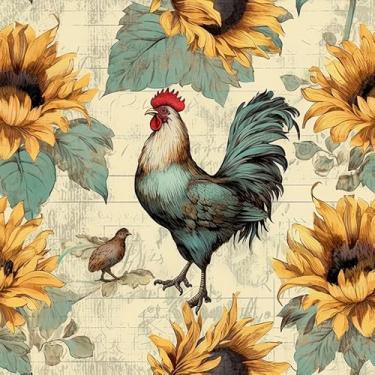 Imagem de WalRiddle Papel de parede vintage girassol galo galo animal rústico fazenda celeiro pássaro descascar e colar papel de parede fácil de remover adesivo à prova d'água para locatário