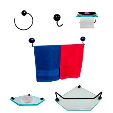Imagem de Kit Para Banheiro Topázio Premium Preto Vidro Sextavado Incolor - Dire