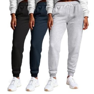 Imagem de Calça Feminina Moletom Flanelada Slim Bolsos Algodão Kit 3-Feminino