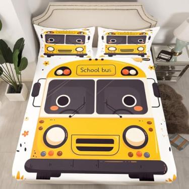 Imagem de Erosebridal Jogo de lençol casal amarelo com desenho de ônibus escolar, caminhão, transporte de veículos, lençol com elástico para crianças, adolescentes e meninos