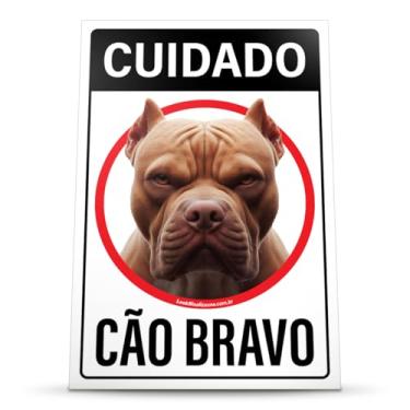 Imagem de Look Placas de Sinalização Placa Sinalização Cuidado Pitbull Amarelo Marrom Cão Bravo 20x30cm