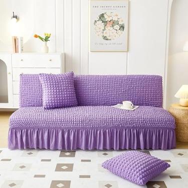 Imagem de Capa de futon sem braços com saia de babados, sofá-cama futon altamente elástica(Purple,Small (120-150cm))