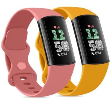 Imagem de Pacote com 2 pulseiras esportivas de substituição para Fitbit Charge 6 para Fitbit Charge 6 (vermelho coral/amarelo, P)