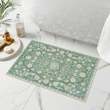 Imagem de Uphome Tapete de banheiro verde envelhecido boho tapete de banheiro macio de pelúcia lavável na máquina tapete de banho antiderrapante vintage floral pequeno tapete de banheiro para pia banheira, vaso